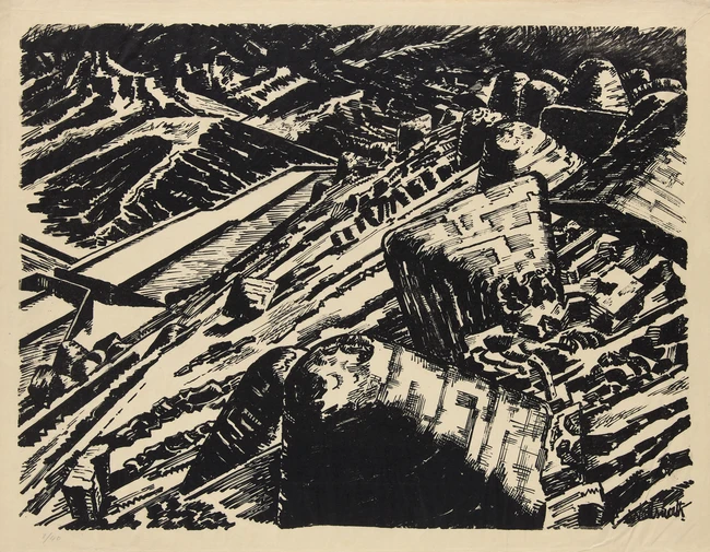 Edward Wadsworth ARA, British 1889-1949, Ladle Slag, Old Hill II, 1920; monochrome lithograph on...