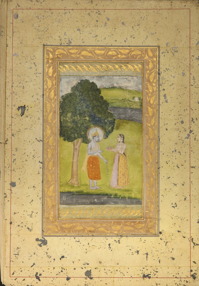 An illuminated album page : Krishna and Radha under a tree on a river bank, Possibly Bikaner,...