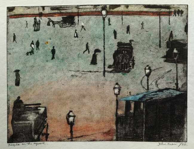 
	
		John Keen, British b.1924- People on the Square; aquatint in colours, signed, titled and...