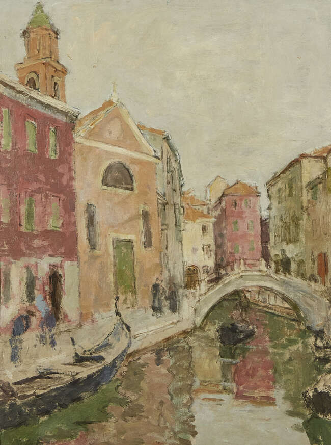 
	
		Edward le Bas RA,
		British 1904-1966-
		 
		Venetian Canal;
		 
		oil on board,...