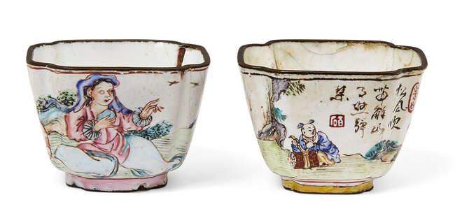 
	
		A pair of Chinese Canton enamel square wine cups, 18th century, painted in famille rose...