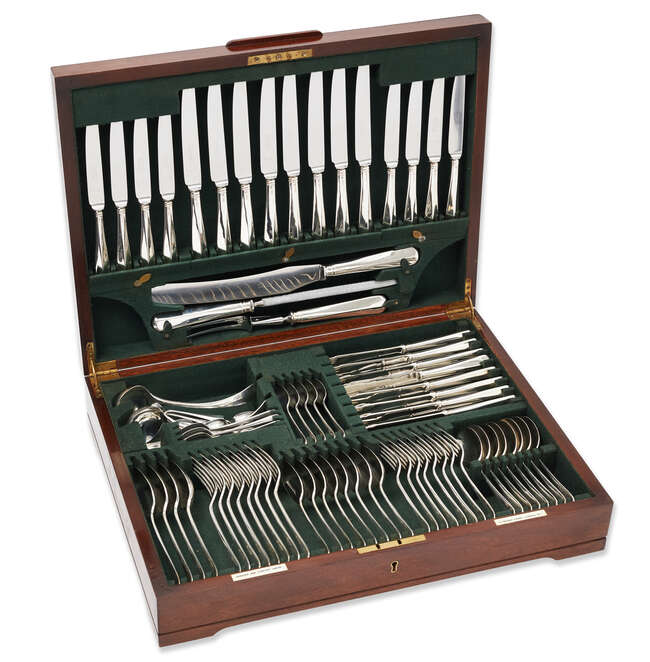 
	
		A complete boxed eight place setting canteen of silver cutlery, Sheffield c.1972, Garrard...