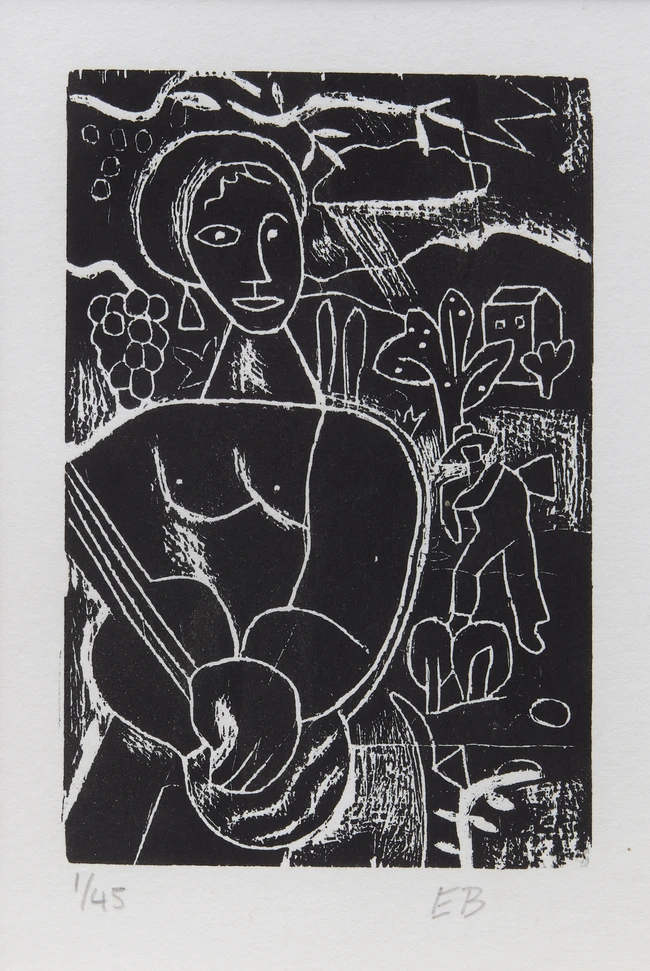 Edward Burra CBE, British 1905-1976, The Guitar Player, 1928-29; woocut on paper, signed with...