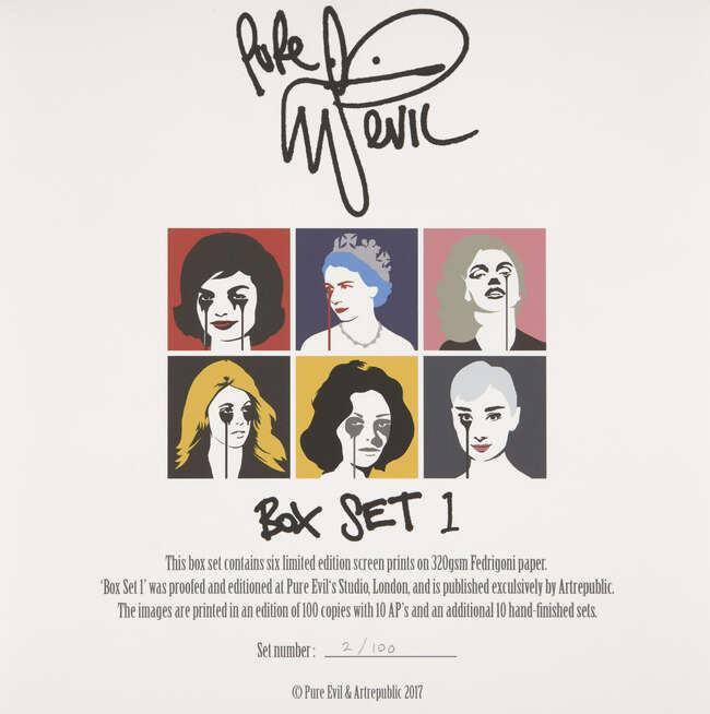 
	
		Pure Evil, 
		British b.1968-
		 
		Box Set 1, 2017;
		 
		six screenprints in colours...