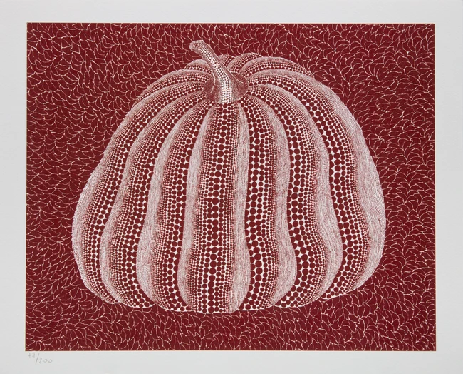 After Yayoi Kusama, Japanese, b.1929- 
Blue pumpkin, green pumpkin, dark red pumpkin, black...