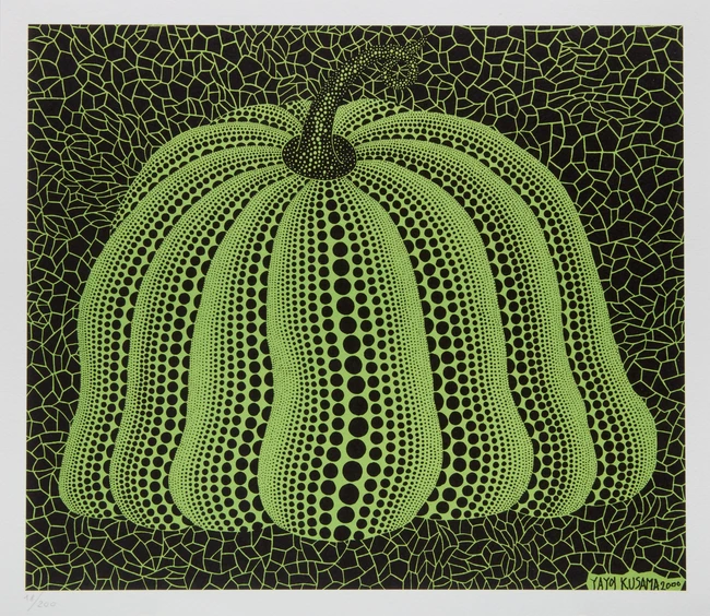 After Yayoi Kusama, Japanese, b.1929- 
Blue pumpkin, green pumpkin, dark red pumpkin, black...