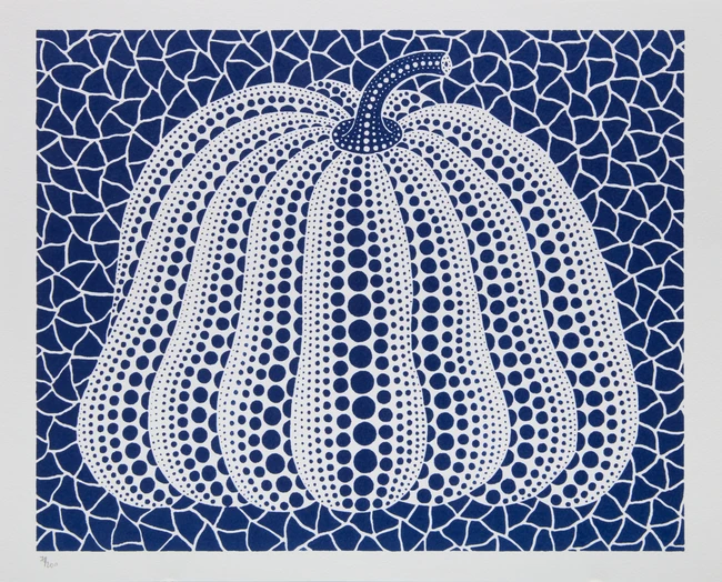After Yayoi Kusama, Japanese, b.1929- 
Blue pumpkin, green pumpkin, dark red pumpkin, black...