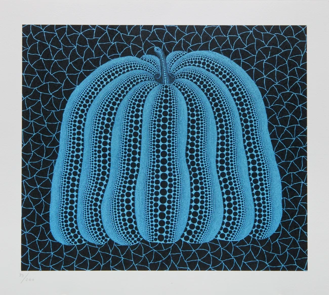 After Yayoi Kusama, Japanese, b.1929- 
Blue pumpkin, green pumpkin, dark red pumpkin, black...