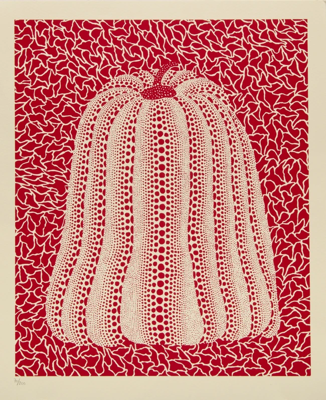 After Yayoi Kusama, Japanese, b.1929- 
Blue pumpkin, green pumpkin, dark red pumpkin, black...