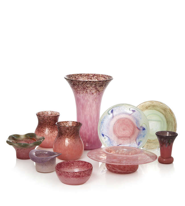 
	
		Monart, a glass vase, shape RB
		20th Century, 
		Mottled pink and aubergine with...