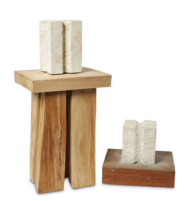 
	
		Geoffrey Harris,
		British 1928-2019-
		Stone Cross on Wood Table, 1980;
		Portland stone...