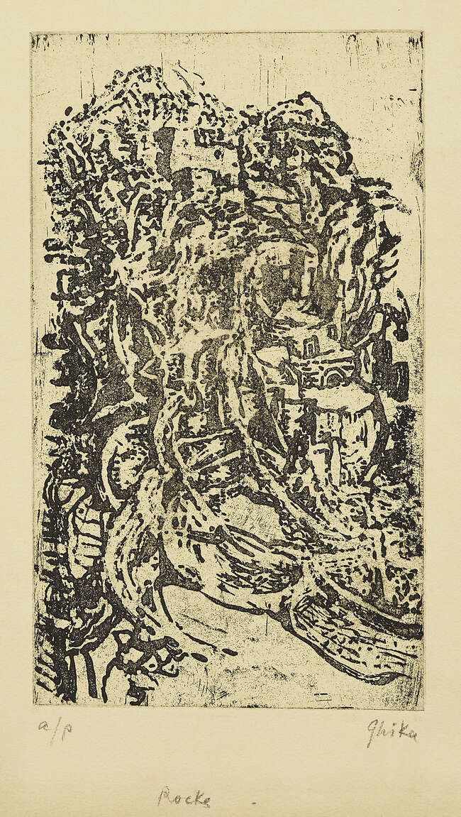 
	
		Nikos Hadjikyriakos-Ghikas, 
		Greek 1906-1994-
		 
		Rocks and Evening, 1976;
		 
		