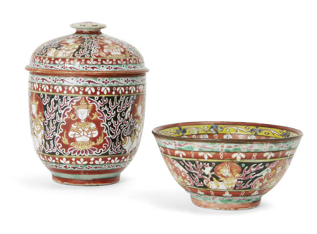 
	
		A Chinese porcelain Thai market Bencharong covered jar and a bowl, 19th century,  each...