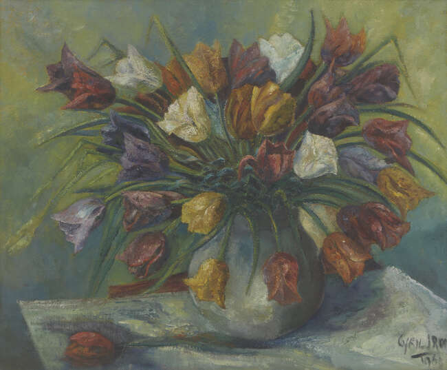 
	
		Cyril J. Ross ROI, 
		British 1891-1973 - 
		 
		Floral still life, 1960; 
		 
		oil...