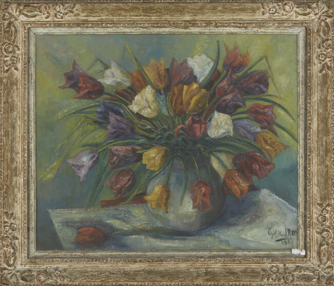 
	
		Cyril J. Ross ROI, 
		British 1891-1973 - 
		 
		Floral still life, 1960; 
		 
		oil...