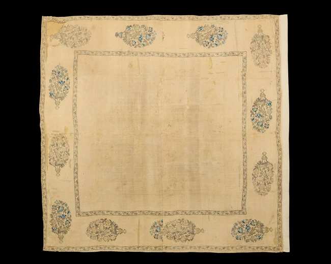 An embroidered linen panel, Ottoman Turkey or provinces, first quarter19th century, 
the plain...