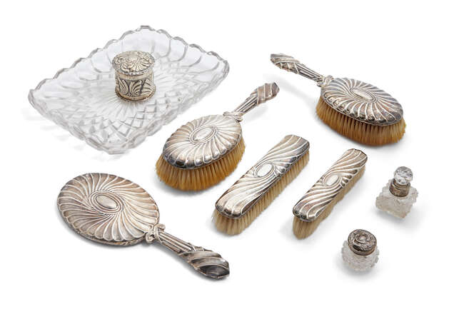 
	
		A Victorian silver backed dressing table set, Joseph Cook & Son, Birmingham 1889,...