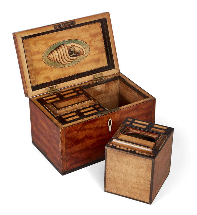 
	
		A George III satinwood and crossbanded two-division tea caddy, c.1760, the stepped...