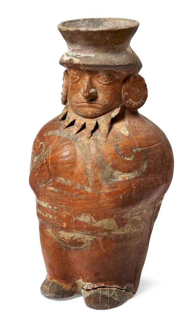 
	
		A Pre Columbian Moche Pot, 7th/8th century, modelled as a stylised standing man, 40cm...