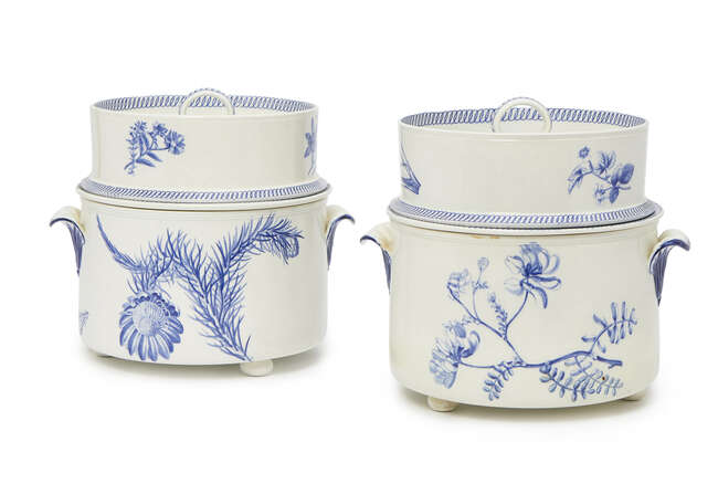 
	
		A pair of Wedgwood printed pottery ice cream servers, 19th century, with leaf form...