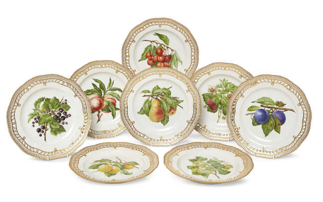 
	
		A set of eight Royal Copenhagen Flora Danica Fruit plates, 20th century, with pierced and...