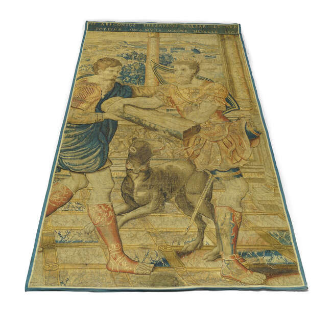 
	
		A Flemish historical tapestry fragment from the Story of Caesar after Pieter van Aelst,...