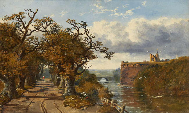 
	
		Edmund John Niemann, 
		British 1813-1876- 
		 
		River landscape with a figure on a...