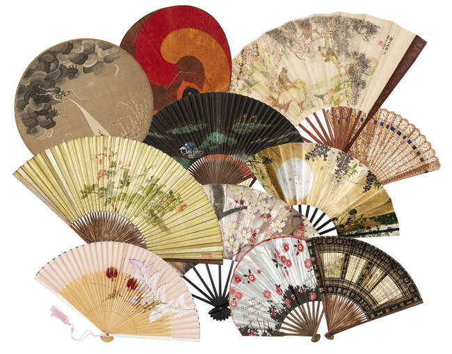 
	
		A collection of Japanese fans, late 19th-early 20th century, including a silk embroidered...
