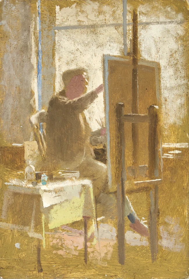 Gerald Norden, British 1919-2000 - Artist painting; oil on panel, 27 x 18.5 cm (unframed)...