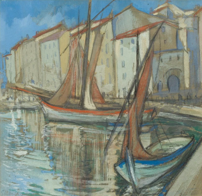 Elsie Henderson, British 1880-1967 - Harbour, South of France; gouache and pencil on paper,...