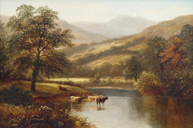 
	
		William Mellor, British 1851-1931-View in North Wales; oil on canvas, signed, bears...