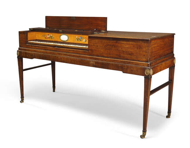 
	
		A George III mahogany cased square piano by Longman & Broderip, with ebony and ivory keys...