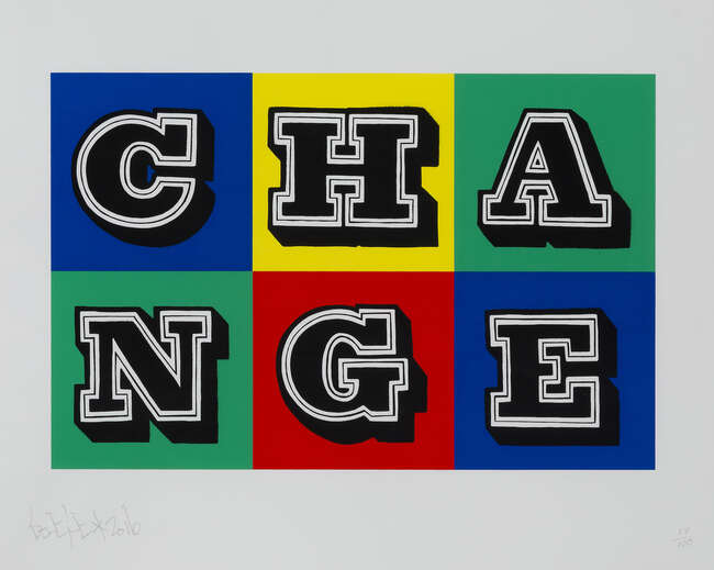 
	
		Ben Eine,
		British b.1970-
		 
		Change, 2016;
		 
		screenprint in five colours on...