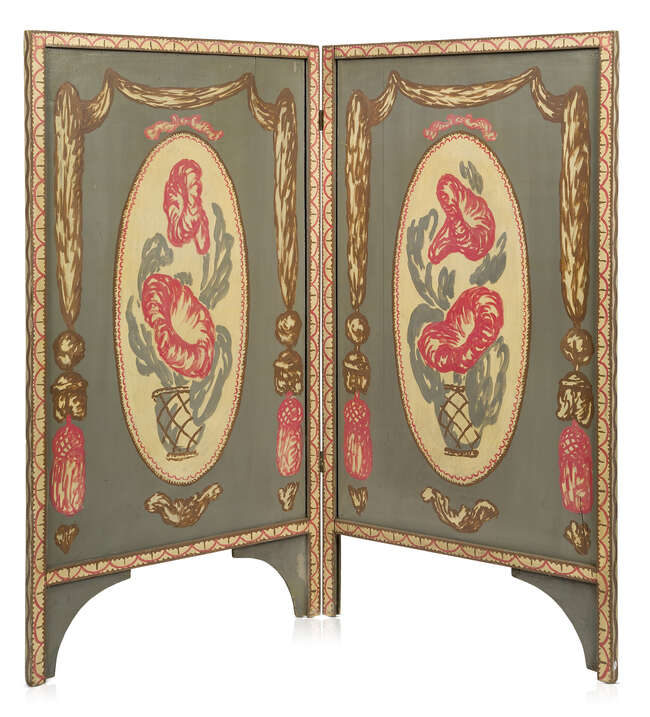
	
		Bloomsbury School, a two fold fire screen 
		c. 1930, unsigned 
		A hand painted fire...