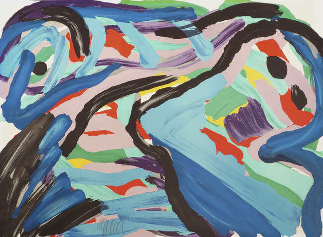 
	
		Karel Appel, 
		Dutch 1921-2006- 
		 
		Floating in a Landscape, 1980;
		 
		