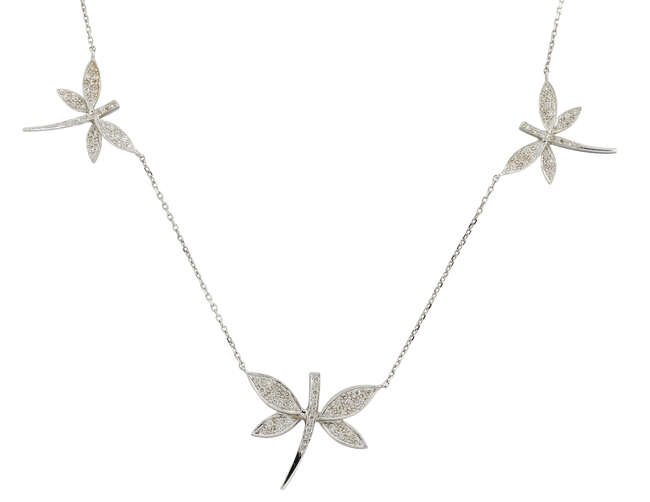 
	
		An 18ct white gold and diamond dragonfly necklace, the three pave set diamond dragonflies...