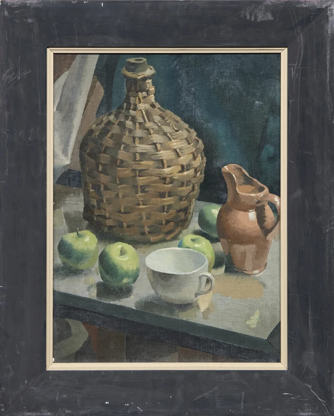 Eric James Malthouse, British 1914–1997 - Apples and Jug, 1938; oil on canvas, 48.7 x 36.2 cm...