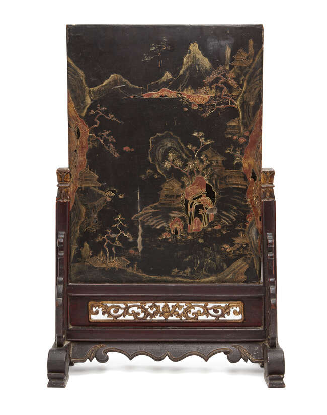 
	
		A Chinese lacquer table screen, late Qing dynasty, painted with a mountainous landscape,...