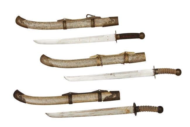 
	
		Three Chinese swords (dao), 19th century, each with brass mounted shagreen sheath, one...
