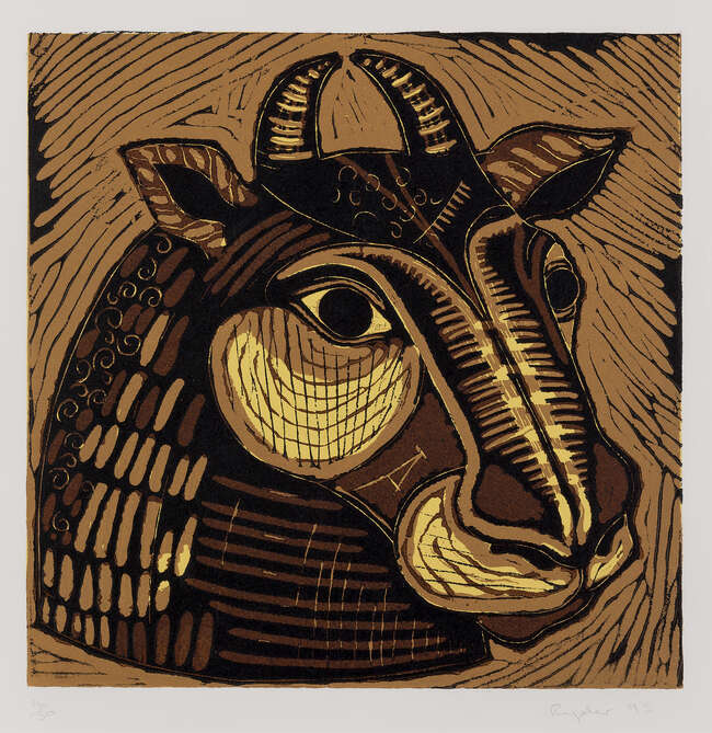 
	
		Sophie Ryder,
		British b.1963-
		 
		Minotaur Head (Large), 1995;
		 
		linocut in...