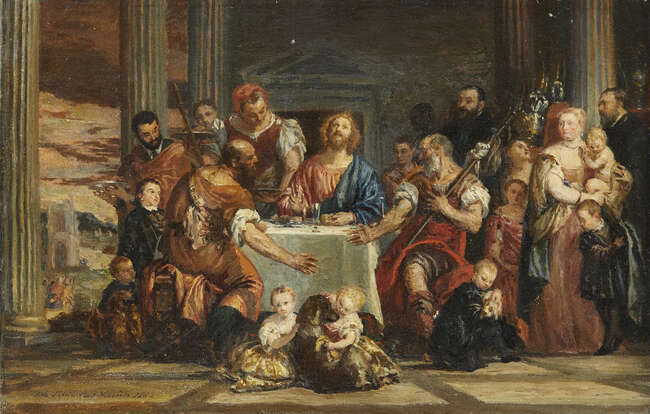 
	
		After Paolo Veronese, 
		Italian 1528-1588- 
		 
		Supper at Emmaus;
		 
		oil on...