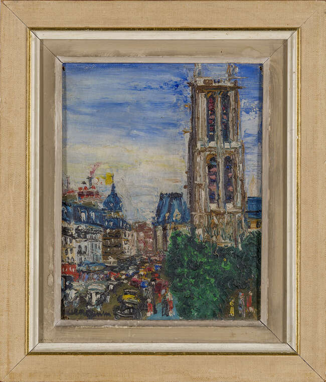 
	
		Lucien Genin, 
		French 1894-1953- 
		 
		Tour St Jacques et rue de Rivoli, Paris;...