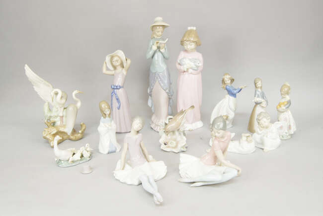 
	
		A collection of Lladro porcelain figures, 20th century, mostly of girls in various...