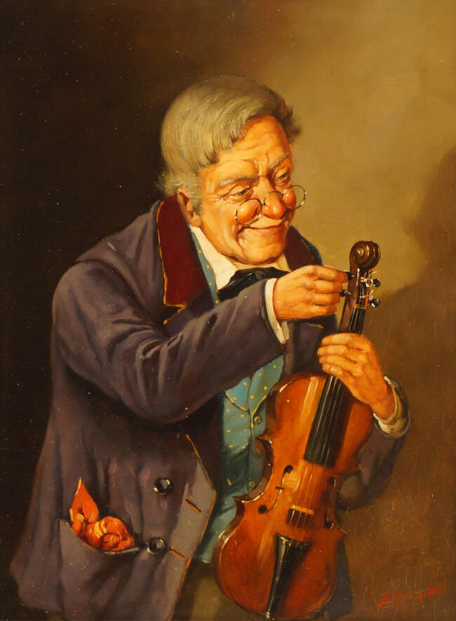 
	
		Hans Kerner, Austrian b.1919- The Old Fiddler; oil on panel, signed, 21.1x15.5cm: Johan...