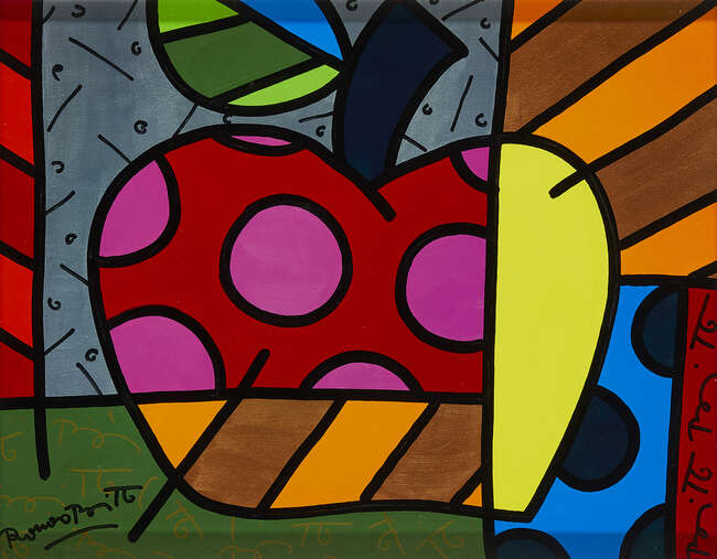 
	
		Romero Britto, 
		Brazilian b.1963- 
		 
		Apple; 
		 
		acrylic on board, signed in...