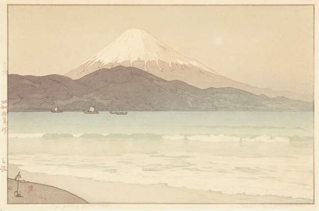 
	
		Hiroshi Yoshida, Japanese 1876-1950, Fujiyama from Miho, 1935, woodblock print in colours...