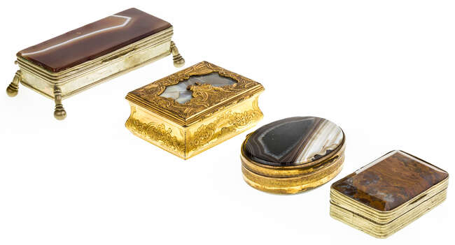 
	
		A group of four brass-mounted agate boxes, late 19th century/early 20th century,...