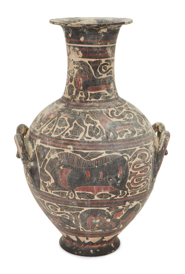 
	
		A Corinthian style amphora with bulbous body, double looped handles and cylindrical neck,...