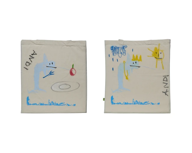Andi Fischer, German b.1987- Tow Tote Bags, 2021; unique pen drawings with screen printed...
