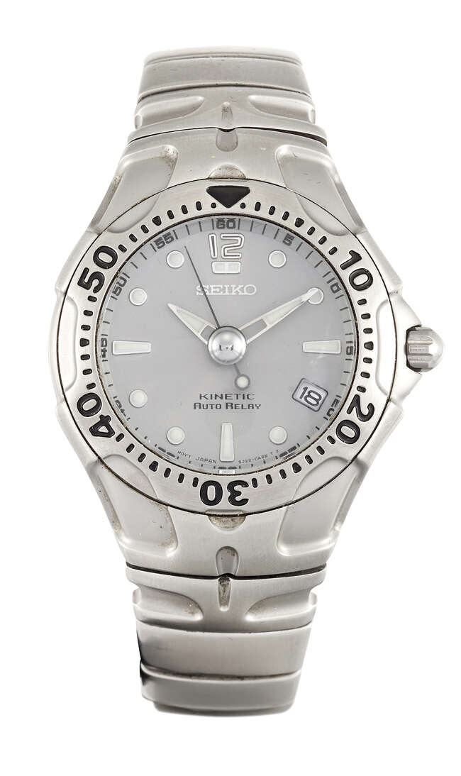 
	
		A stainless steel kinetic &#39;Auto Relay&#39; wristwatch by Seiko, the grey circular dial with...